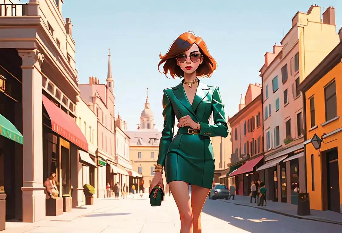 Young woman strutting her Gucci outfit, with trendy sunglasses and a luxury city backdrop..
