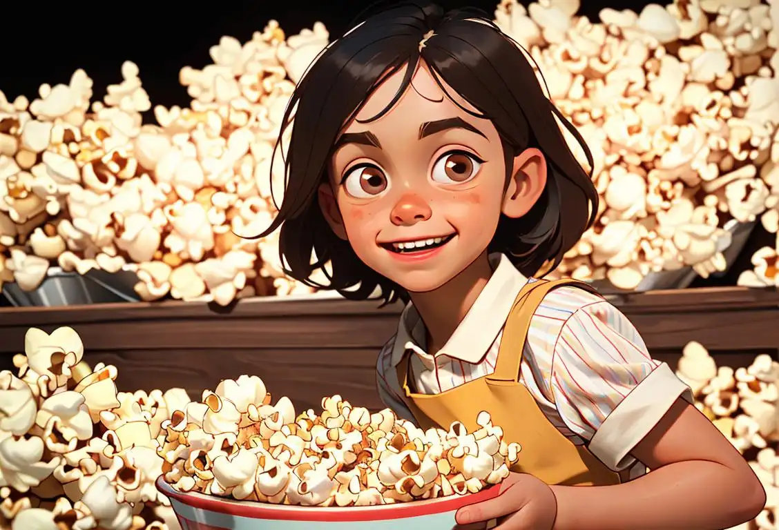 Joyful child with messy hands, wearing a striped apron, surrounded by caramel kernels and popcorn boxes..