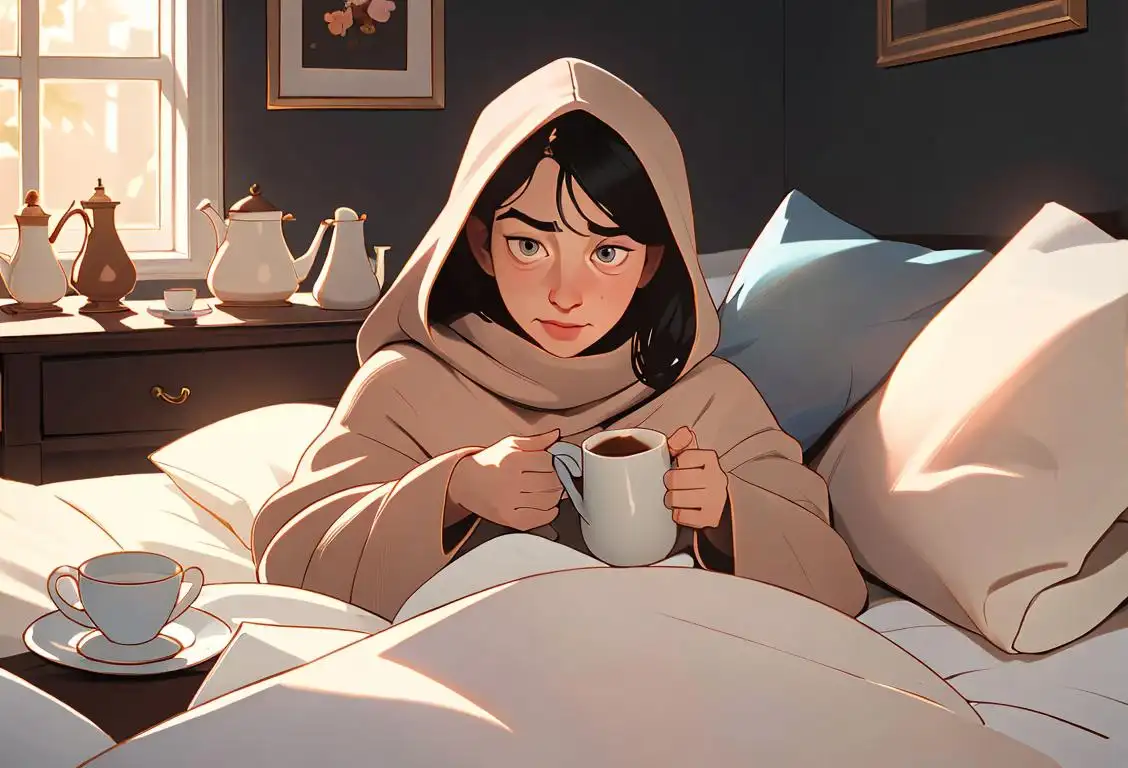 A cozy bedroom scene with a person wrapped in a blanket, holding a mug of hot tea, surrounded by tissues and a stuffed animal..