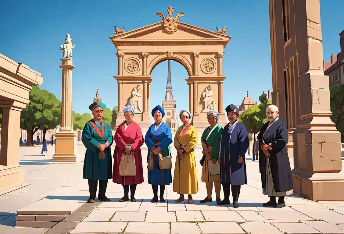 A diverse group of people, dressed in attire representing different cultures, standing in front of historical landmarks. Each person holds a symbol of their heritage..