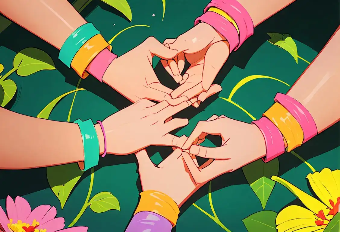 Illustration of diverse group of people, wearing colorful wristbands, forming a heart shape, surrounded by blooming flowers and greenery..