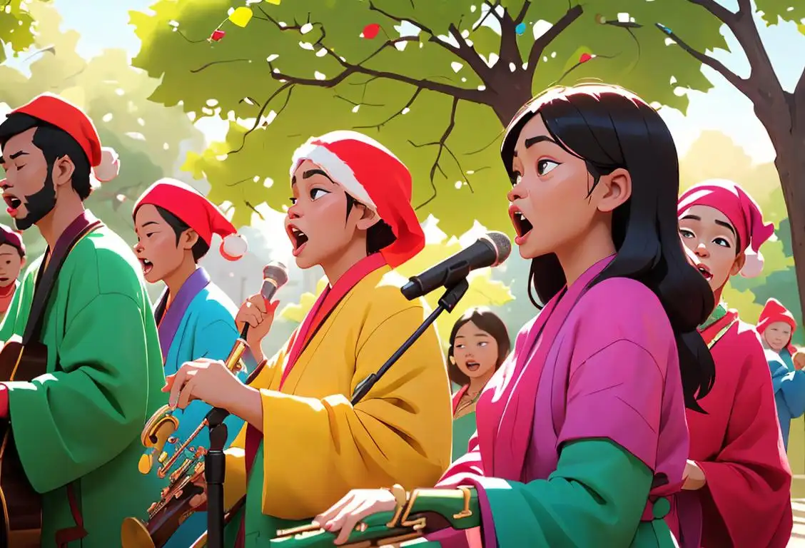 Group of diverse people singing and playing musical instruments in a park, wearing colorful clothes, festive atmosphere..