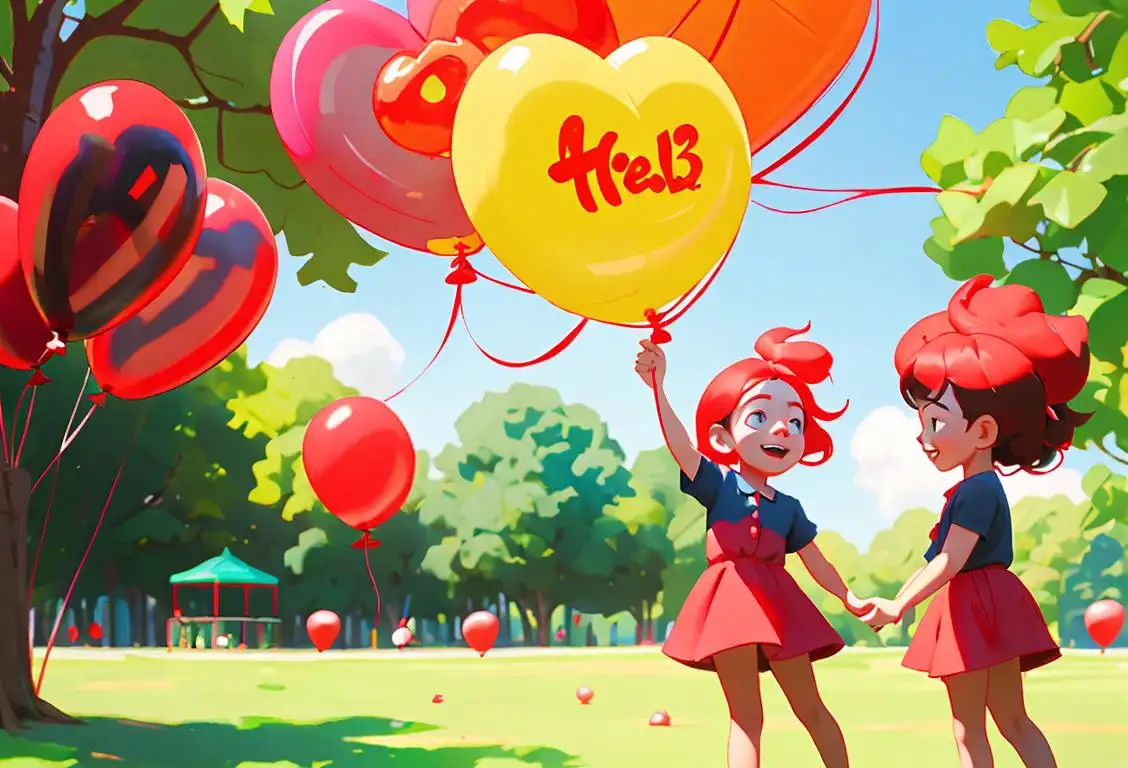 Happy children holding red balloons in a sunny park, dressed in colorful outfits, surrounded by lush greenery..