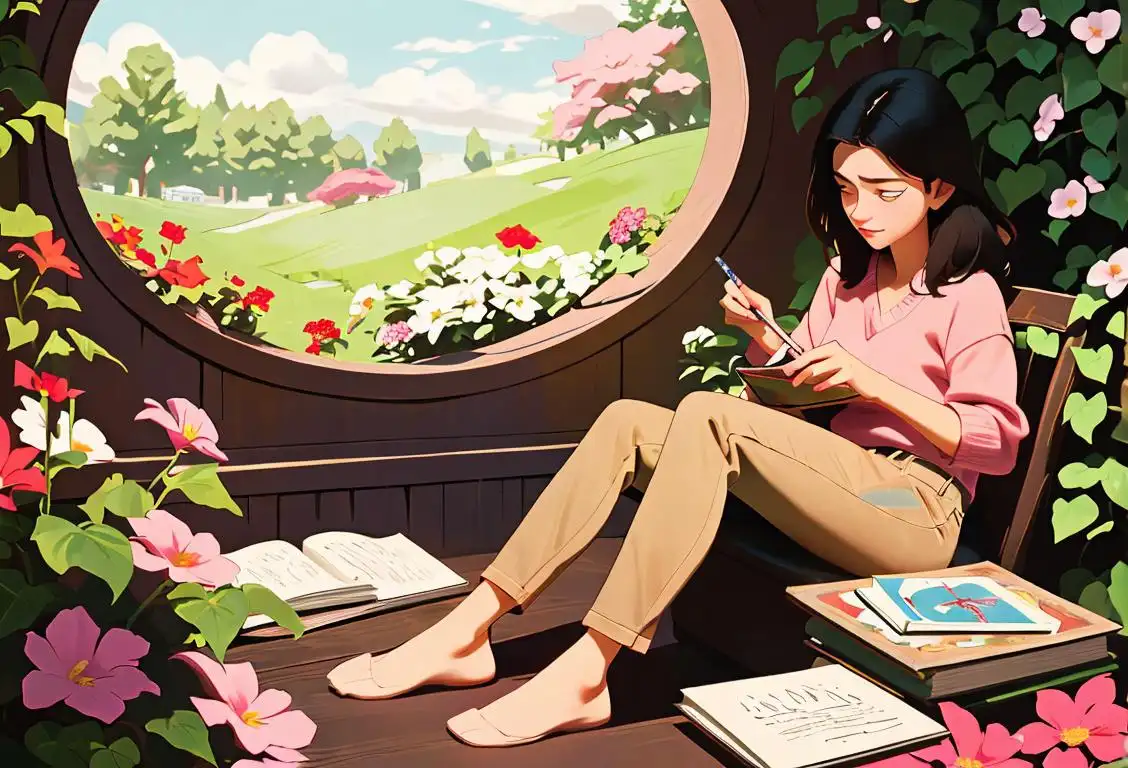 Young woman sitting in a cozy nook, surrounded by books and flowers, pen in hand, lost in the world of poetry..