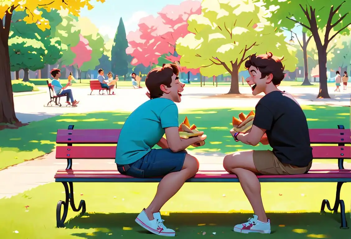 Two friends sitting on a park bench, wearing colorful t-shirts, enjoying a picnic with sandwiches and laughter..
