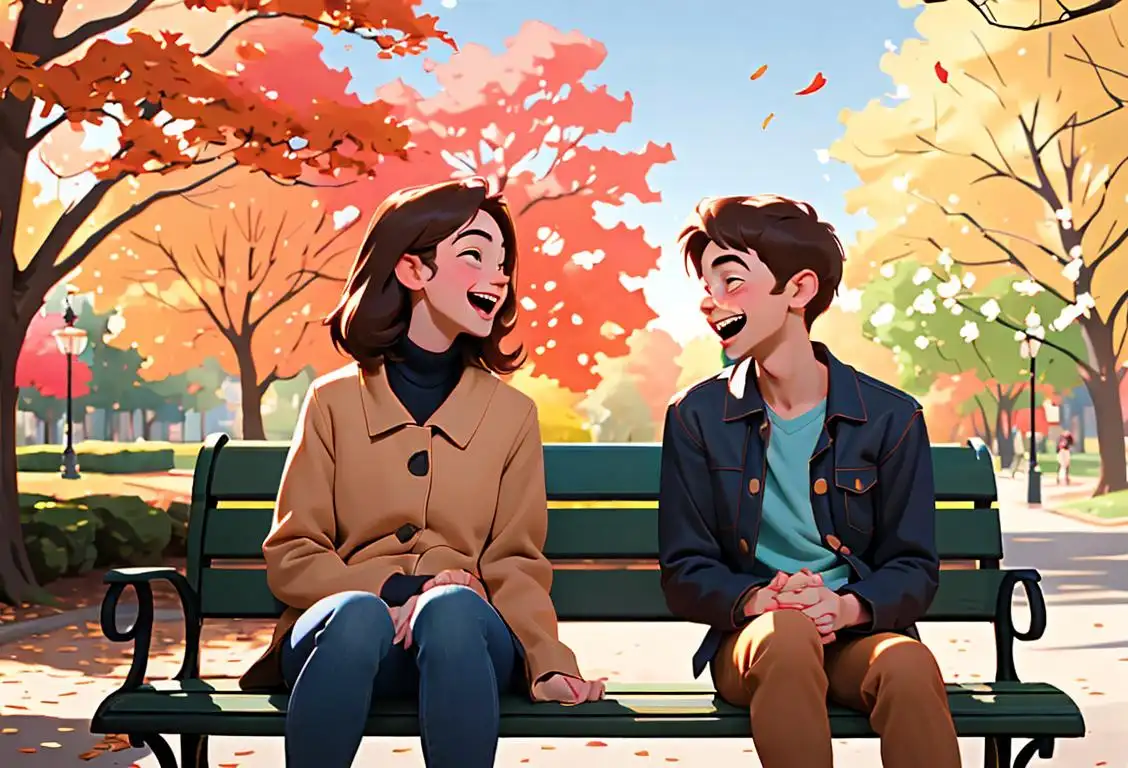 A young couple holding hands and laughing, dressed in casual attire, sitting on a park bench against a backdrop of colorful autumn trees..