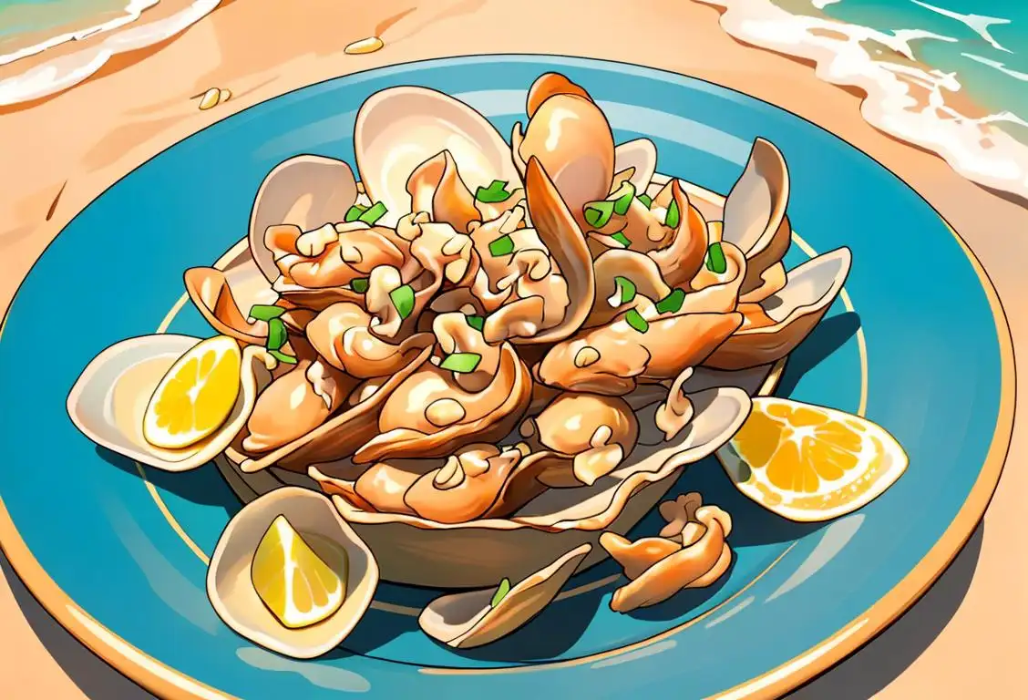 Close-up of a plate filled with golden fried clams, drizzled with lemon wedges and served with a side of tartar sauce. Oceanic background with seashells and a colorful beach towel..