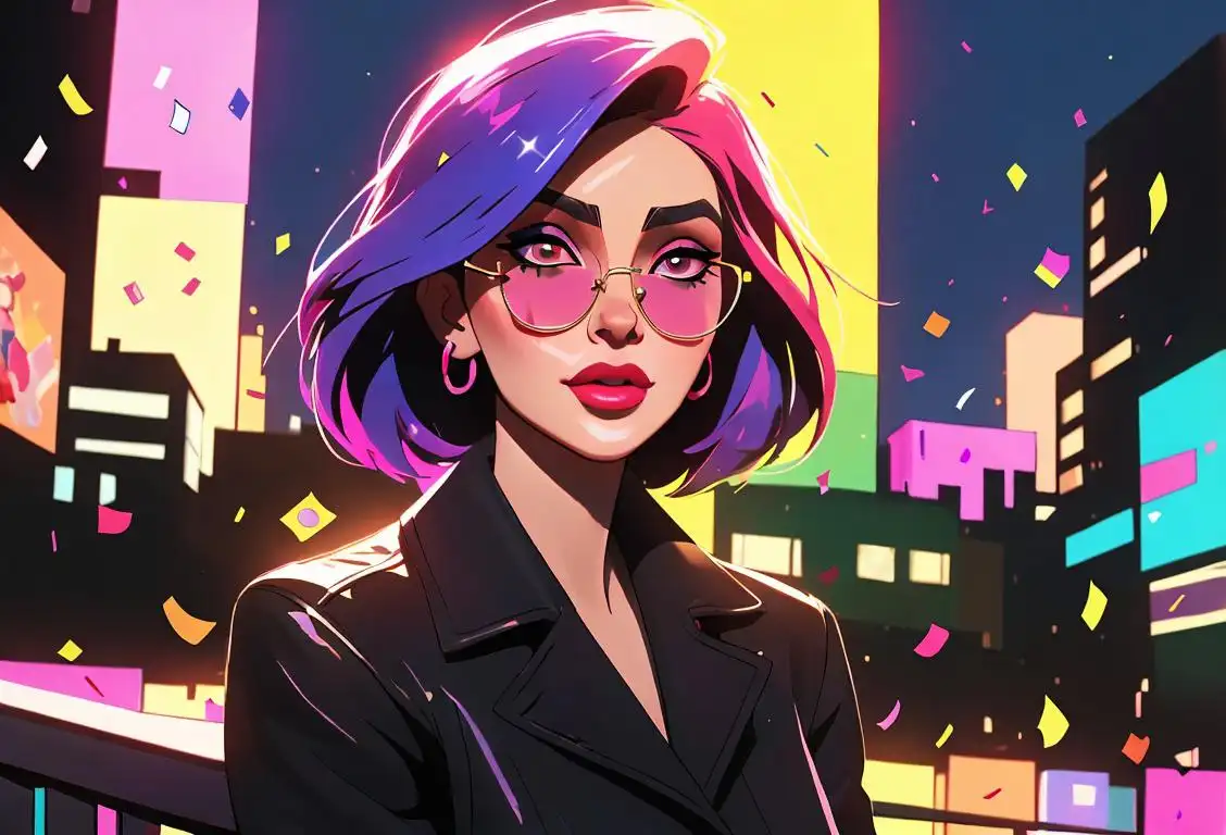 Young woman with colorful makeup and stylish sunglasses, posing in front of a trendy cityscape with sparkly lights and confetti..