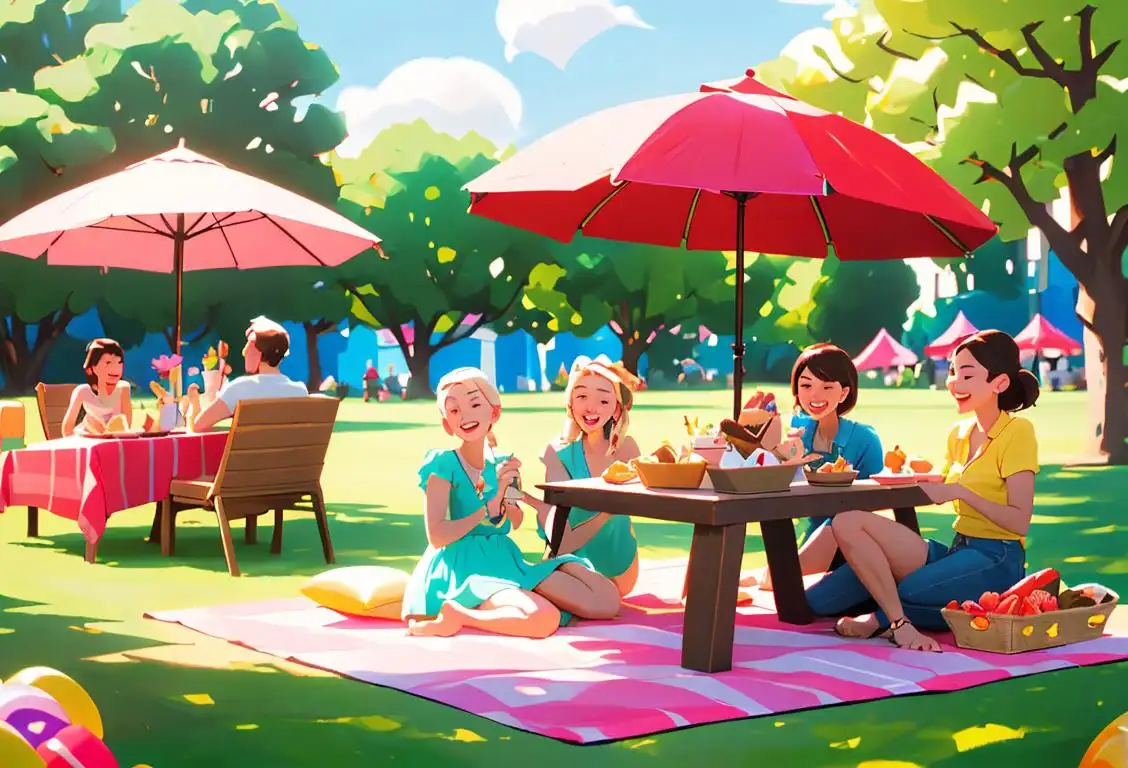 Group of friends enjoying a vibrant picnic, wearing summer clothes, playful outdoor setup, showcasing Akbay-themed decorations and delicious treats..
