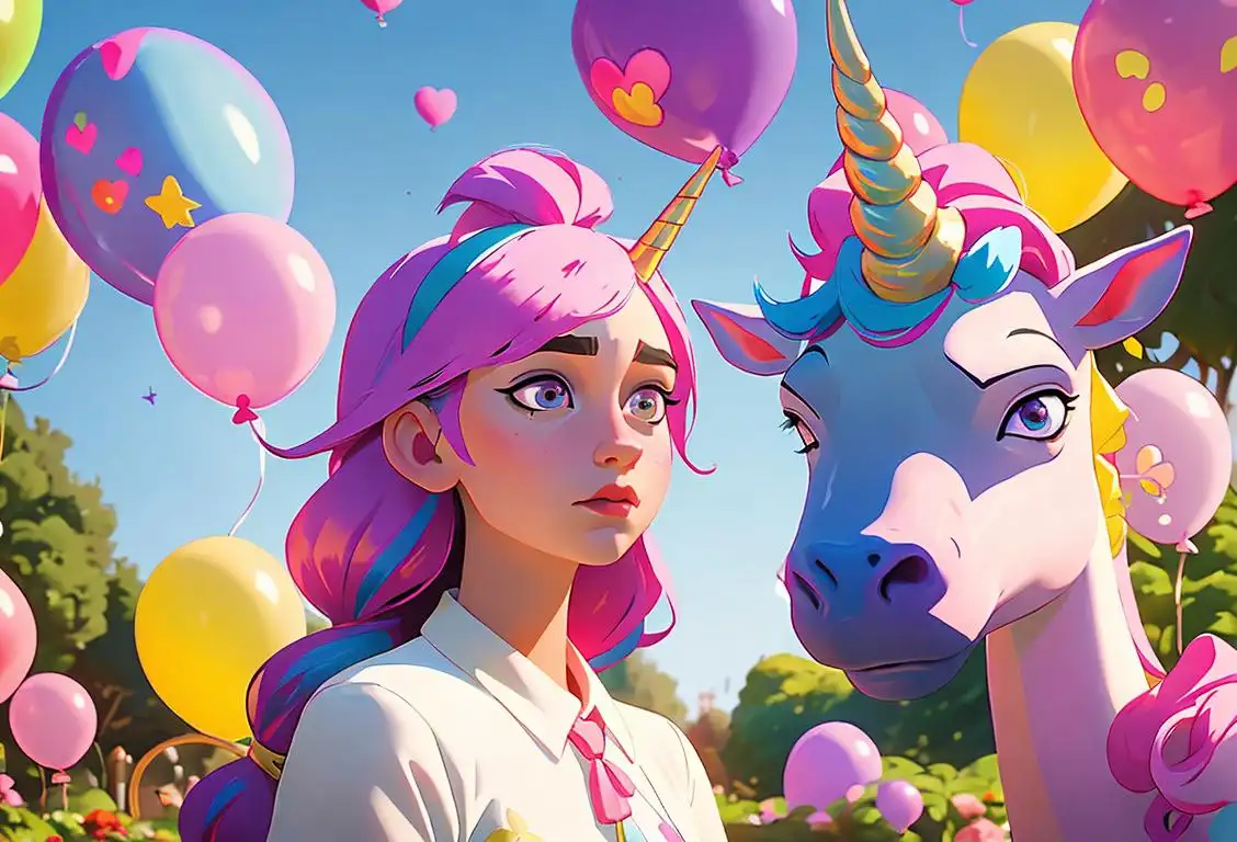 Young girl with a unicorn horn headband, surrounded by colorful balloons, in a whimsical garden setting.