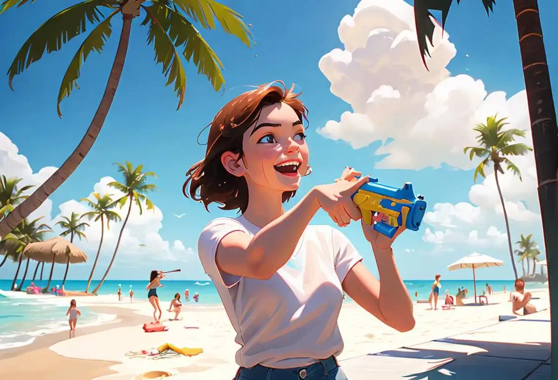 Young woman laughing, wearing a white t-shirt, surrounded by friends holding water guns, beach scene with palm trees..