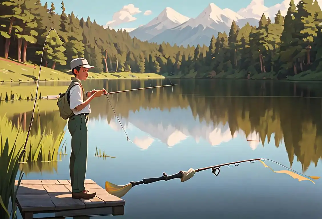 Young man standing by a peaceful lake, wearing a fishing hat and holding a fishing rod, surrounded by scenic nature.