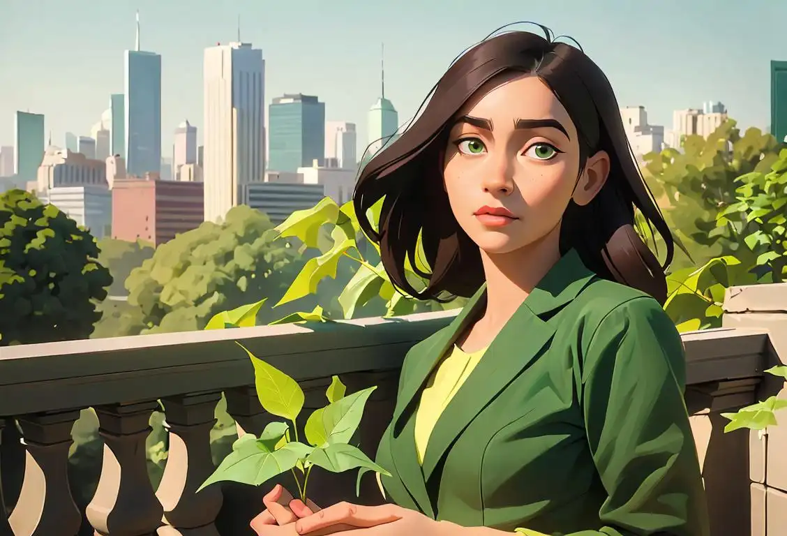 Woman holding green leaf, wearing sustainable fashion, in front of city skyline, with diverse group of people in the background..