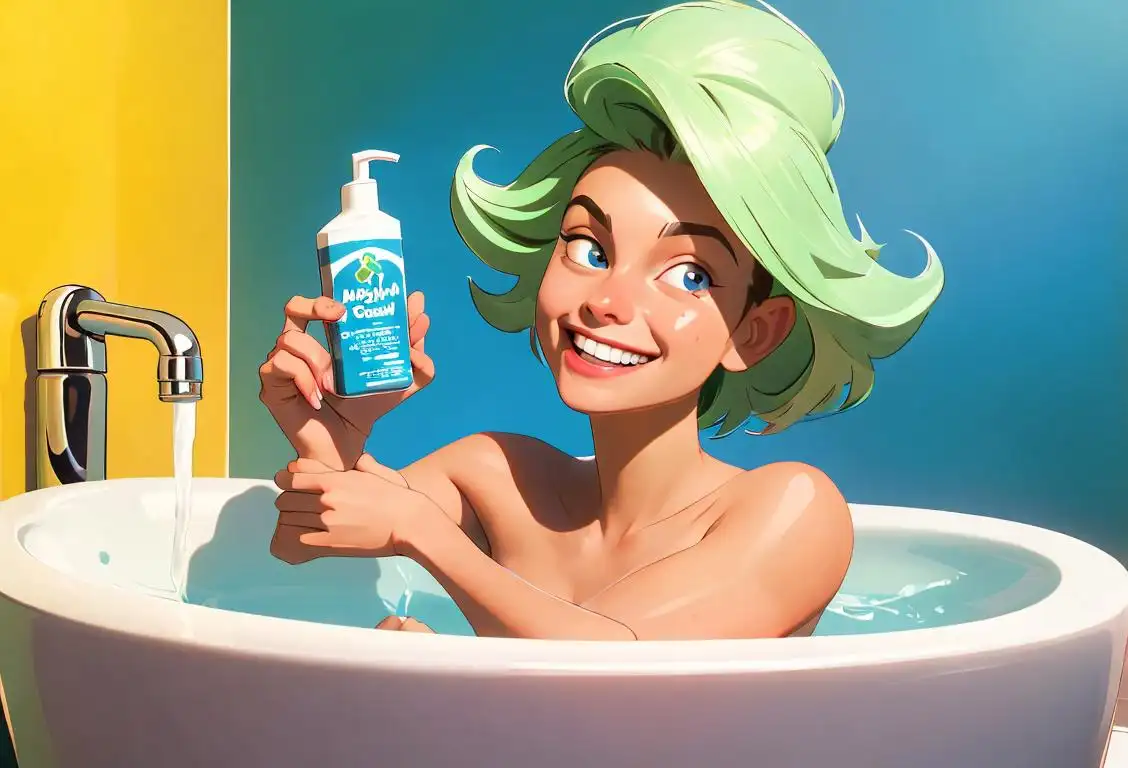 A person with a mega-watt smile, holding a tube of toothpaste, in a bright, modern bathroom..