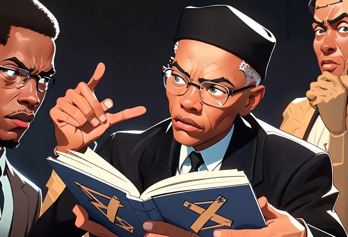 Young person reading a book with a powerful quote by Malcolm X, wearing a casual outfit with a dash of activism, surrounded by diverse cultural symbols..