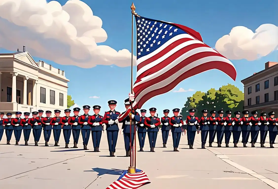 National Guard members standing proudly in their uniforms, saluting the American flag against a backdrop of a patriotic parade.