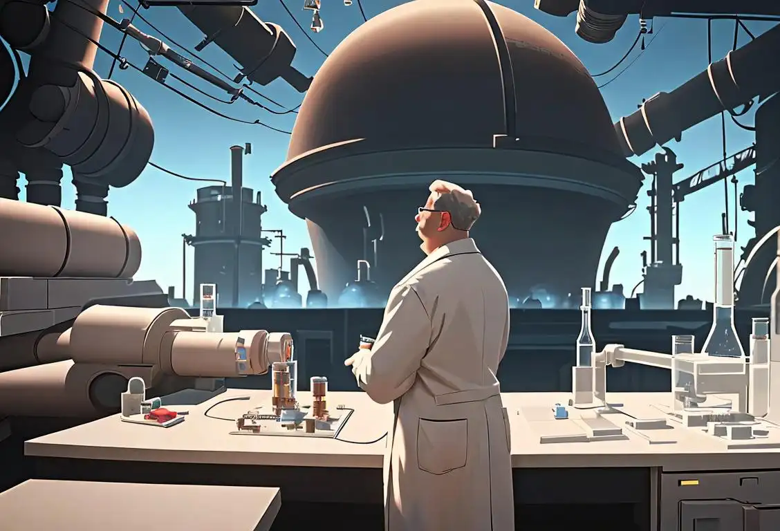 Happy National Nuclear Technology Day! Explore the world of nuclear technology with a scientist in a lab coat, futuristic technology, and a power plant in the background..
