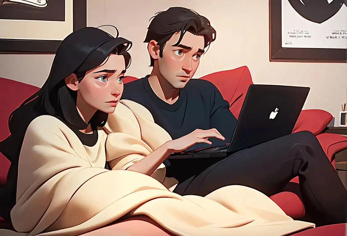 Young couple watching a movie on a laptop, cozy blanket, CDN movie poster, living room setting..