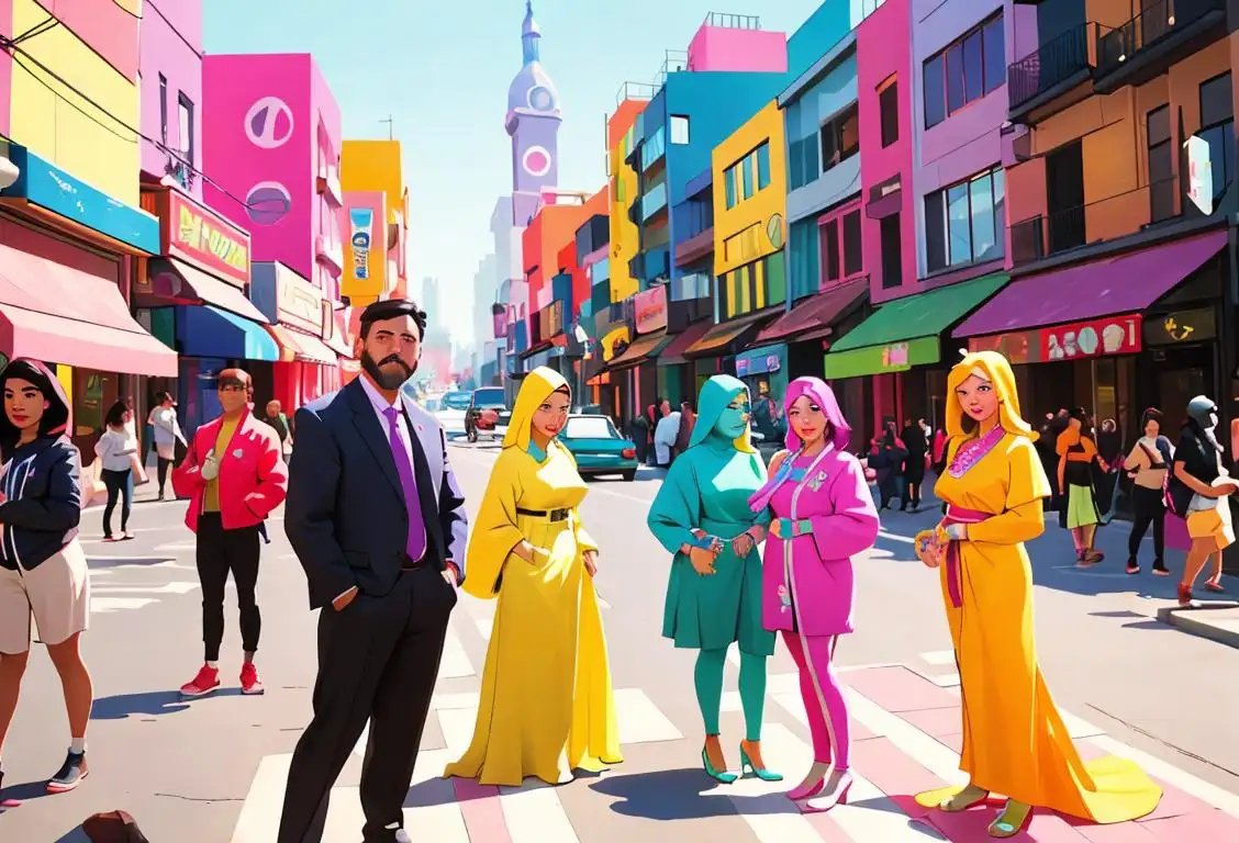A diverse group of people engaging in acts of kindness, dressed in colorful and modern attire, set against a vibrant city backdrop..
