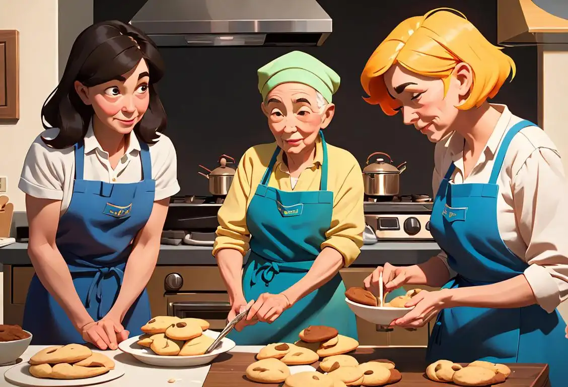 Group of diverse people of all ages wearing colorful aprons, happily baking batches of homemade cookies in a cozy kitchen..