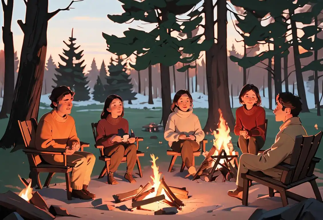 A group of diverse people gathered around a campfire, wearing cozy sweaters, enjoying nature and sharing stories, celebrating National bsfs Day..