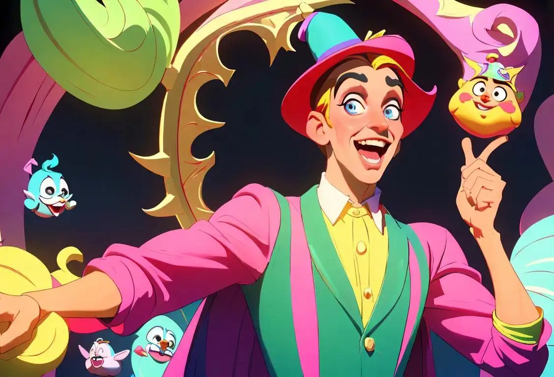 Young man dressed in vibrant, outrageous costume, surrounded by a whimsical set with colorful props and characters, showcasing the joyful spirit of National Panto Day..