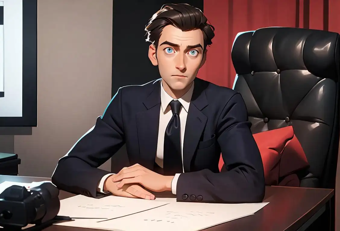 A professional-looking person sitting confidently at a desk, wearing a suit, with a curious interviewer asking them questions..