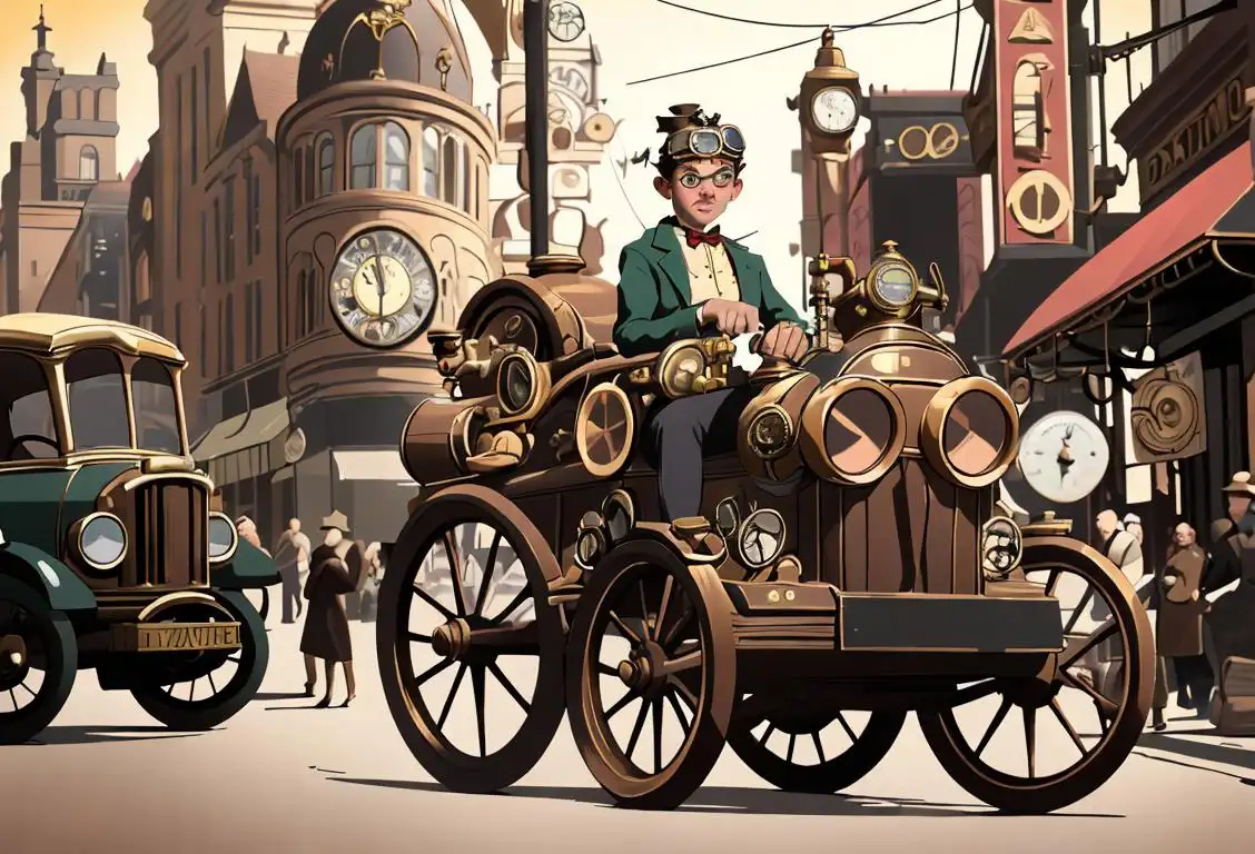A person with vintage goggles and an elaborate pocket watch, wearing a steampunk-inspired outfit, in a bustling city backdrop with a whimsical time machine..