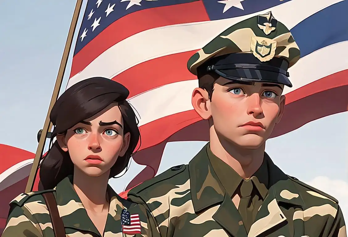 Young man and woman in camouflage uniforms, holding American flags, with a backdrop of the American flag and a military base in the background..