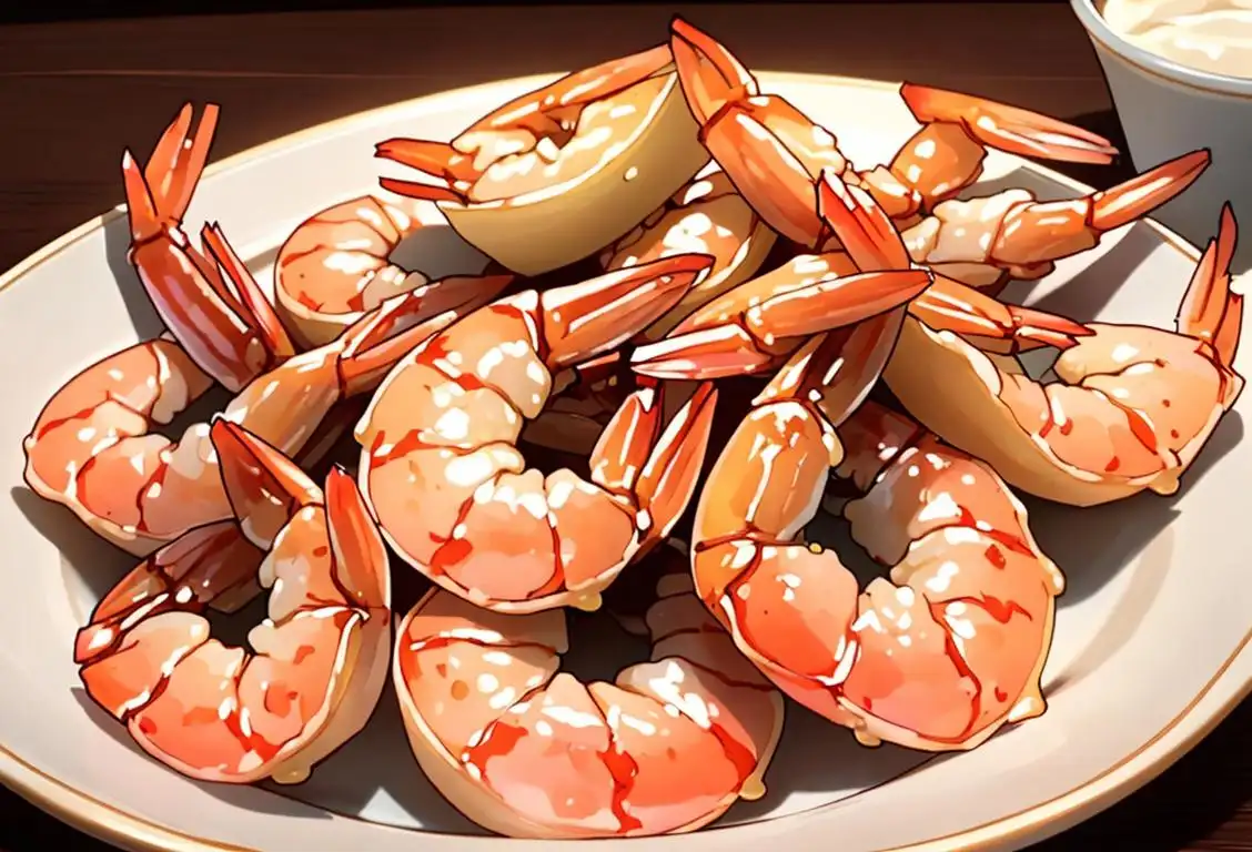 Delightful close-up shot of golden-brown, perfectly fried shrimp, served with tartar sauce and cocktail napkins, capturing the essence of National Fried Shrimp Day celebration..