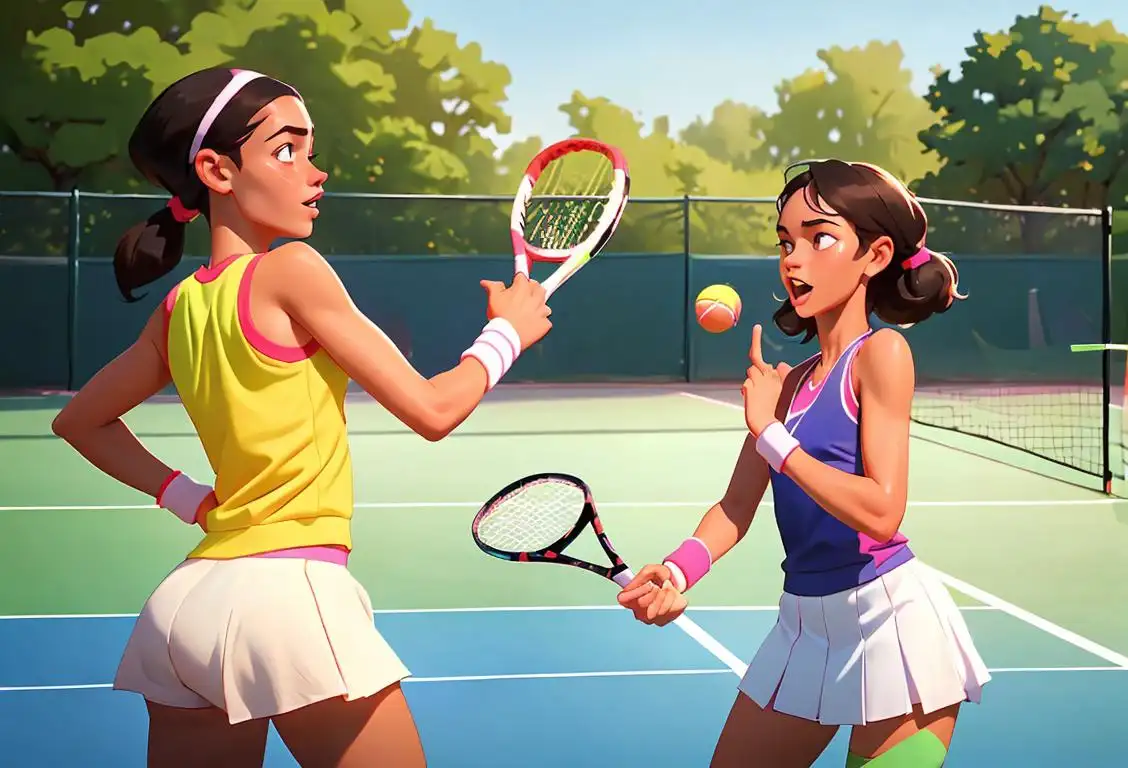 Two young adults playing tennis in a vibrant outdoor court, wearing colorful athletic attire, surrounded by cheering spectators..