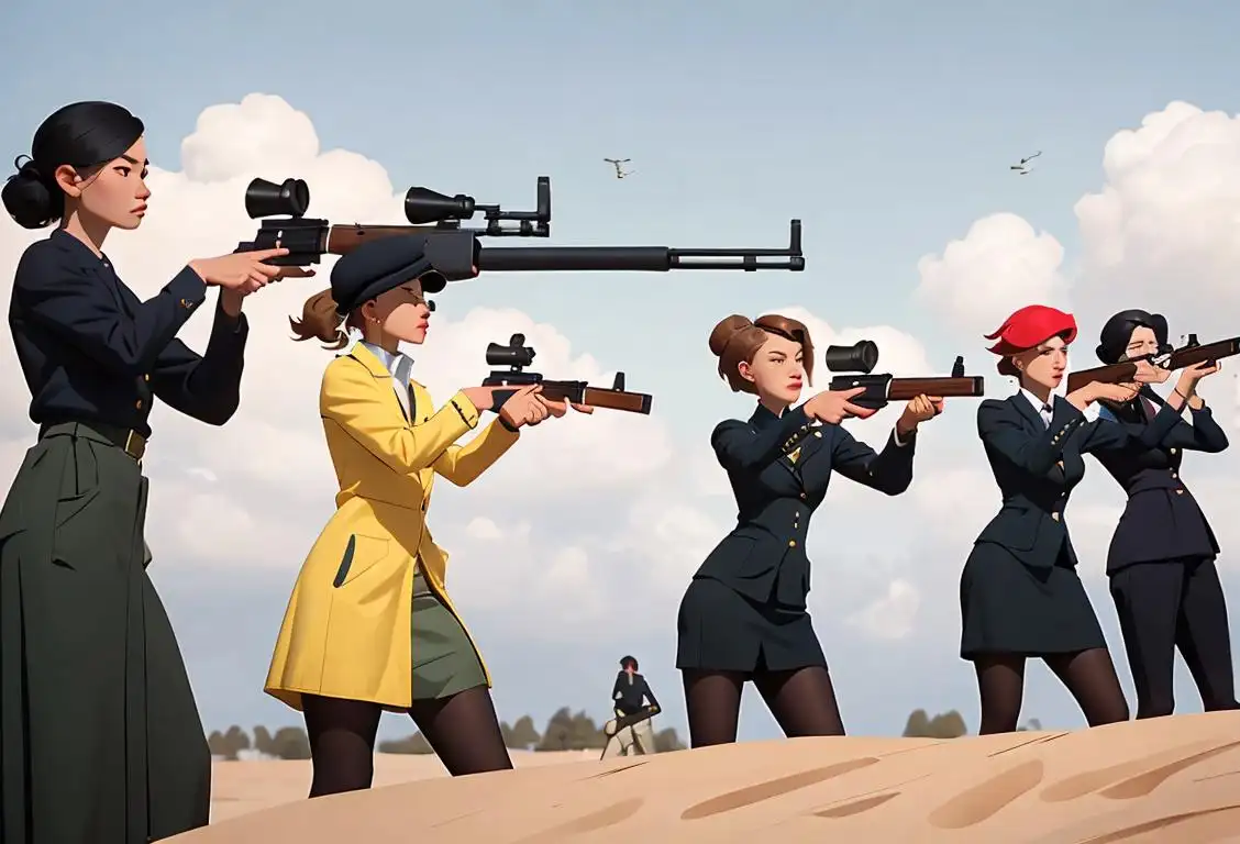A diverse group of women confidently aiming and shooting their guns in a picturesque outdoor range, dressed in stylish shooting attire..