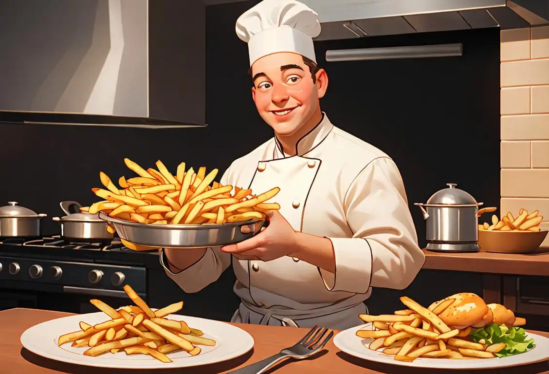Happy person holding a plate of fries and chicken, wearing a chef hat, kitchen setting with pots and pans..