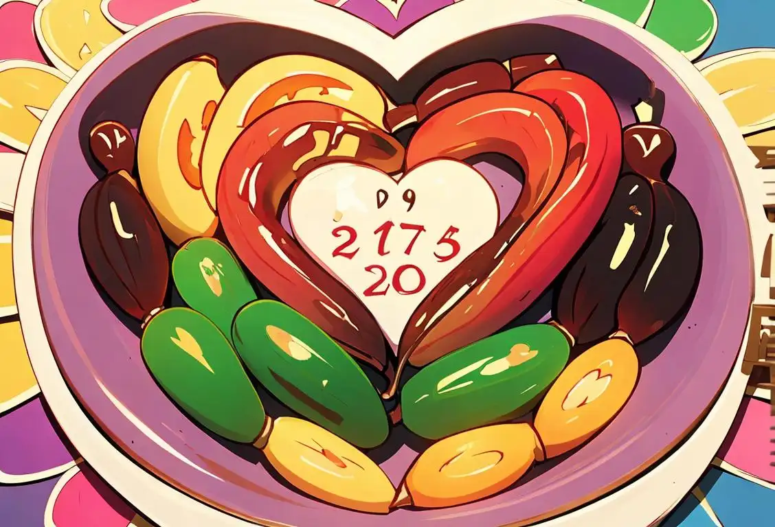 Colorful array of dates, including Medjool and Deglet Noor, arranged in a heart shape with a calendar in the background..