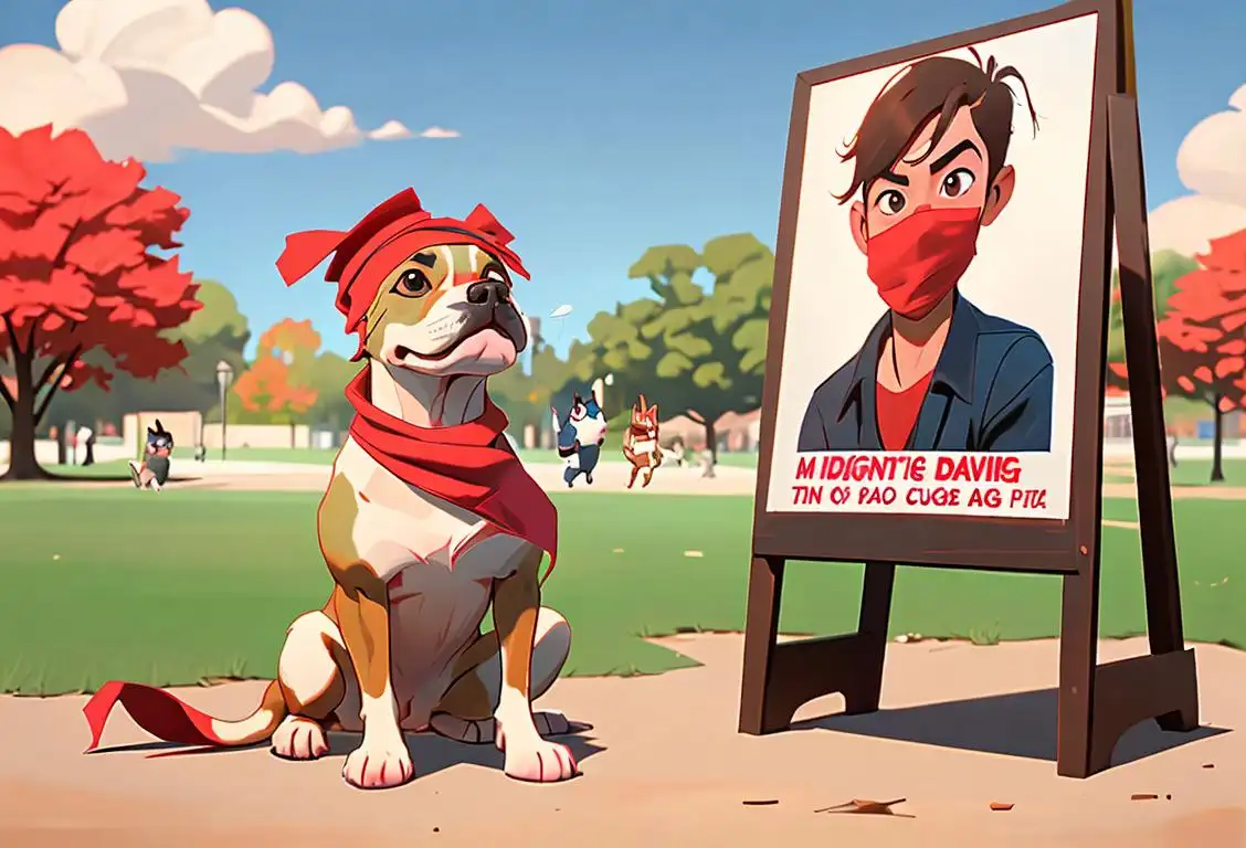 Cute dog wearing a red bandana, surrounded by kids holding anti-dogfighting posters, park setting with sunny skies..