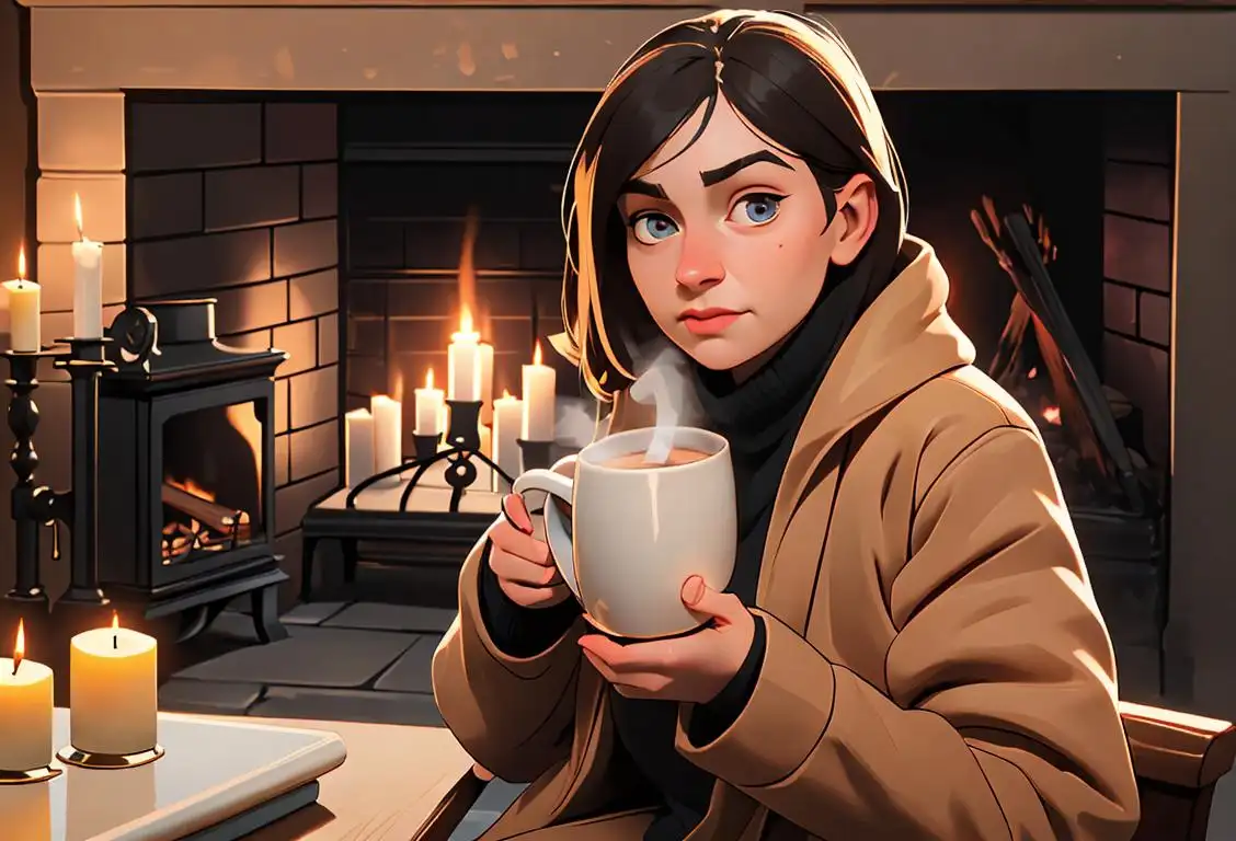 Young person holding a steaming mug in cozy winter attire, surrounded by warm, inviting candles and a fireplace in the background..