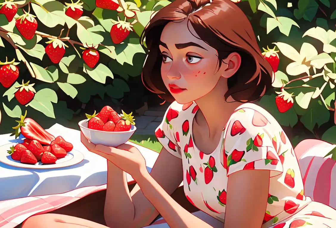 Young woman holding a bowl of strawberries and cream, wearing a floral dress, picnic scene with a checkered blanket..
