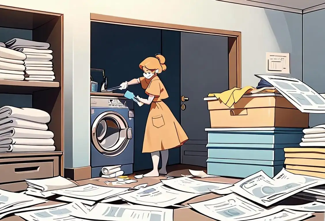 Person in cleaning attire holding a stack of tax forms, surrounded by money and a sparkling clean room..