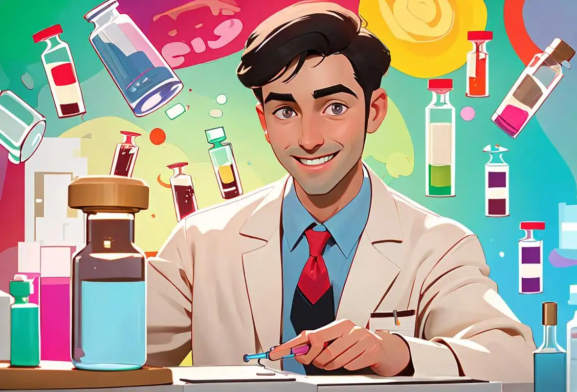 A friendly pharmacist wearing a white lab coat and stethoscope, surrounded by colorful pill bottles and smiling patients..