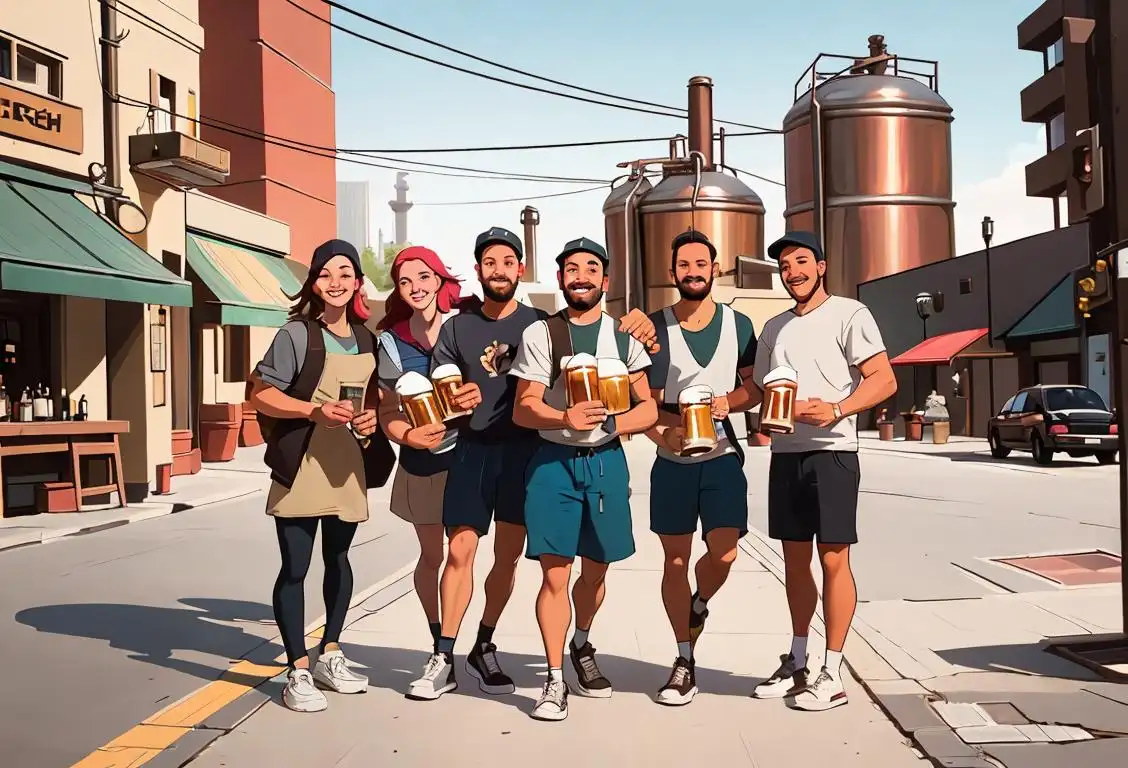 Group of friends smiling, wearing sneakers and carrying craft beer growlers, surrounded by brewery equipment, urban city backdrop..