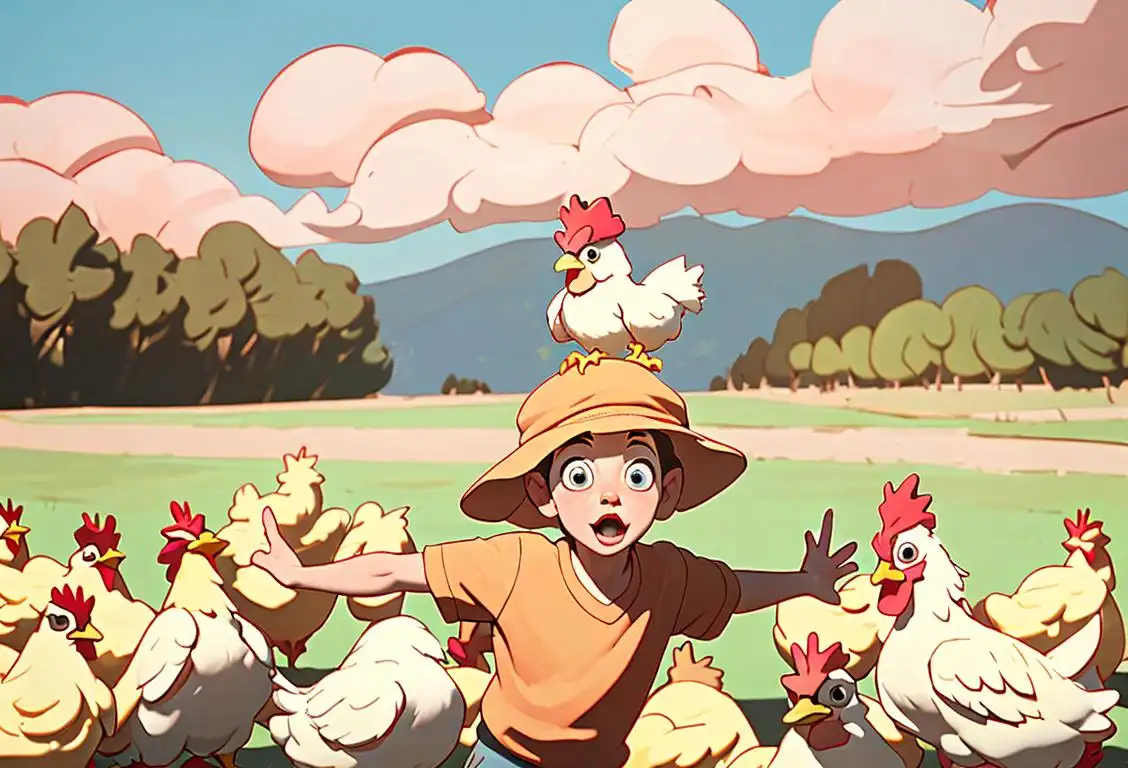 Young child flapping their arms like wings, wearing a chicken hat, surrounded by barnyard scenery..