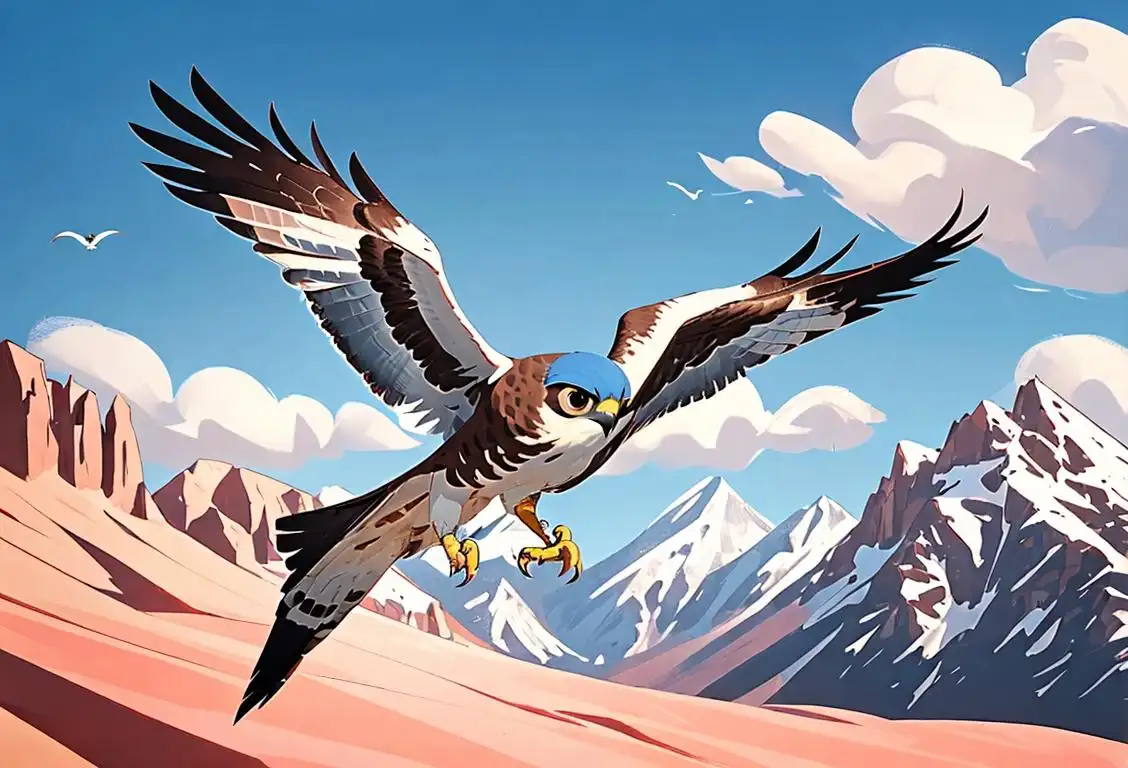 A majestic falcon soaring through a clear blue sky, with a mountain range in the background. The falcon is wearing a cool aviator hat and goggles..