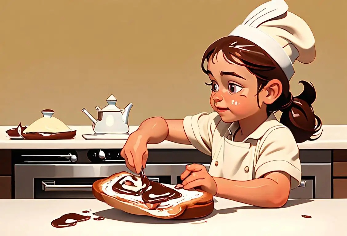 Child joyfully spreading Nutella on toast, wearing a chef hat, vintage kitchen backdrop..