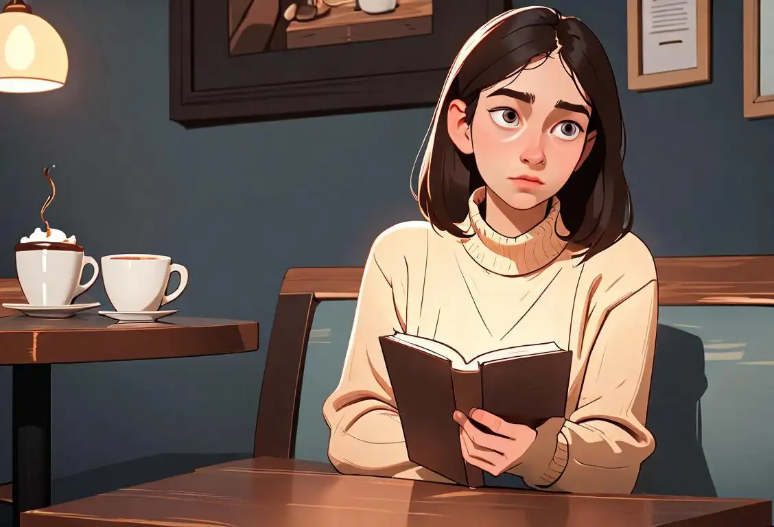 Young person sitting alone at a coffee shop, wearing cozy sweater, reading a book, comforting atmosphere..