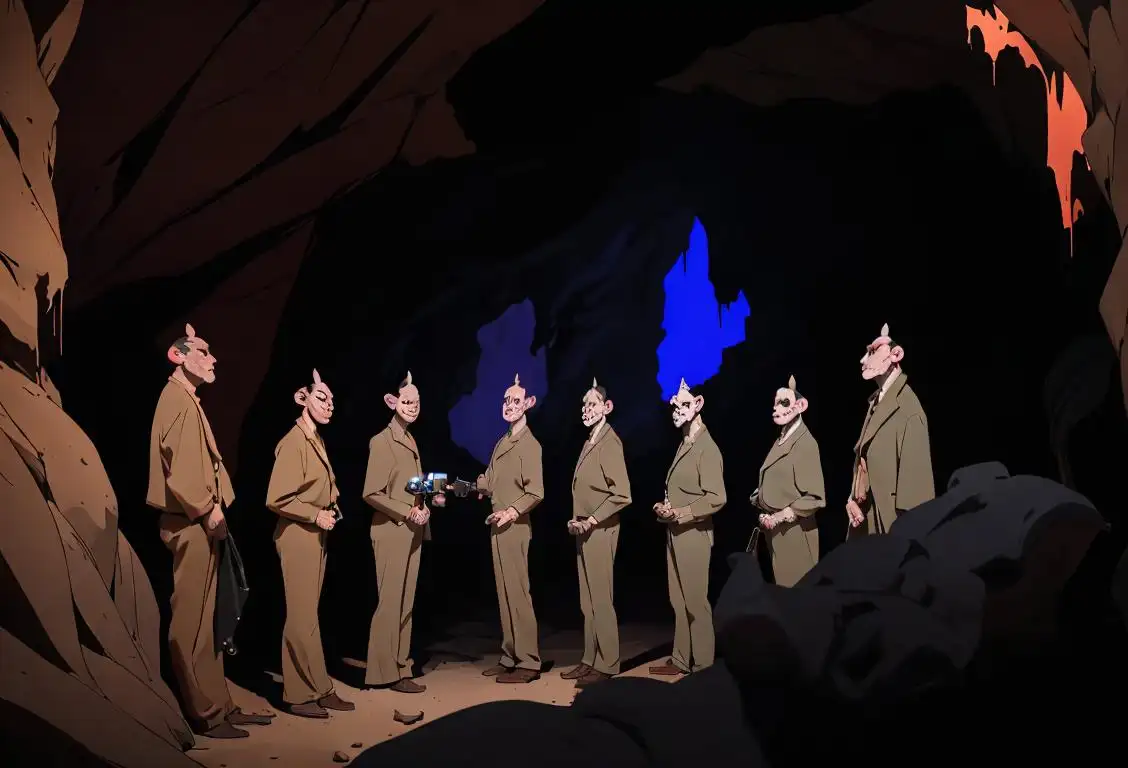 A group of people wearing dark, stylish clothing, holding flashlights, explore a spooky cave filled with bats..