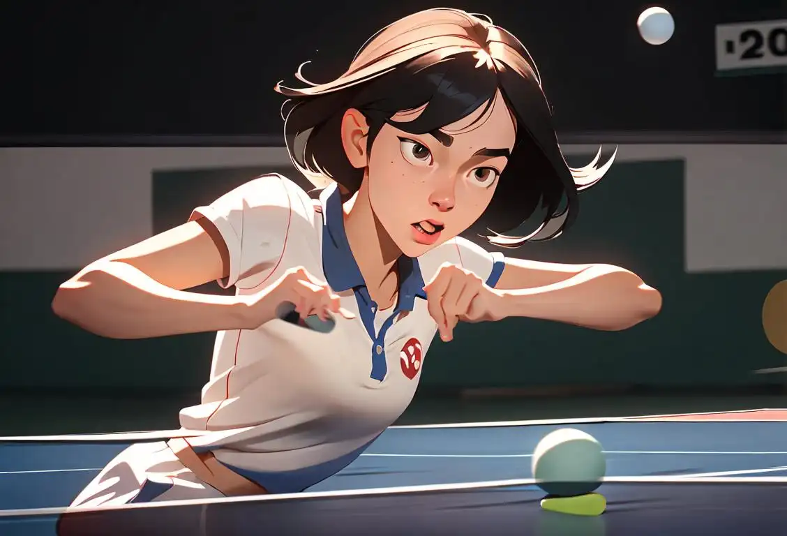 Young woman gracefully serving a ping pong ball, wearing athletic attire, energetic sports setting..