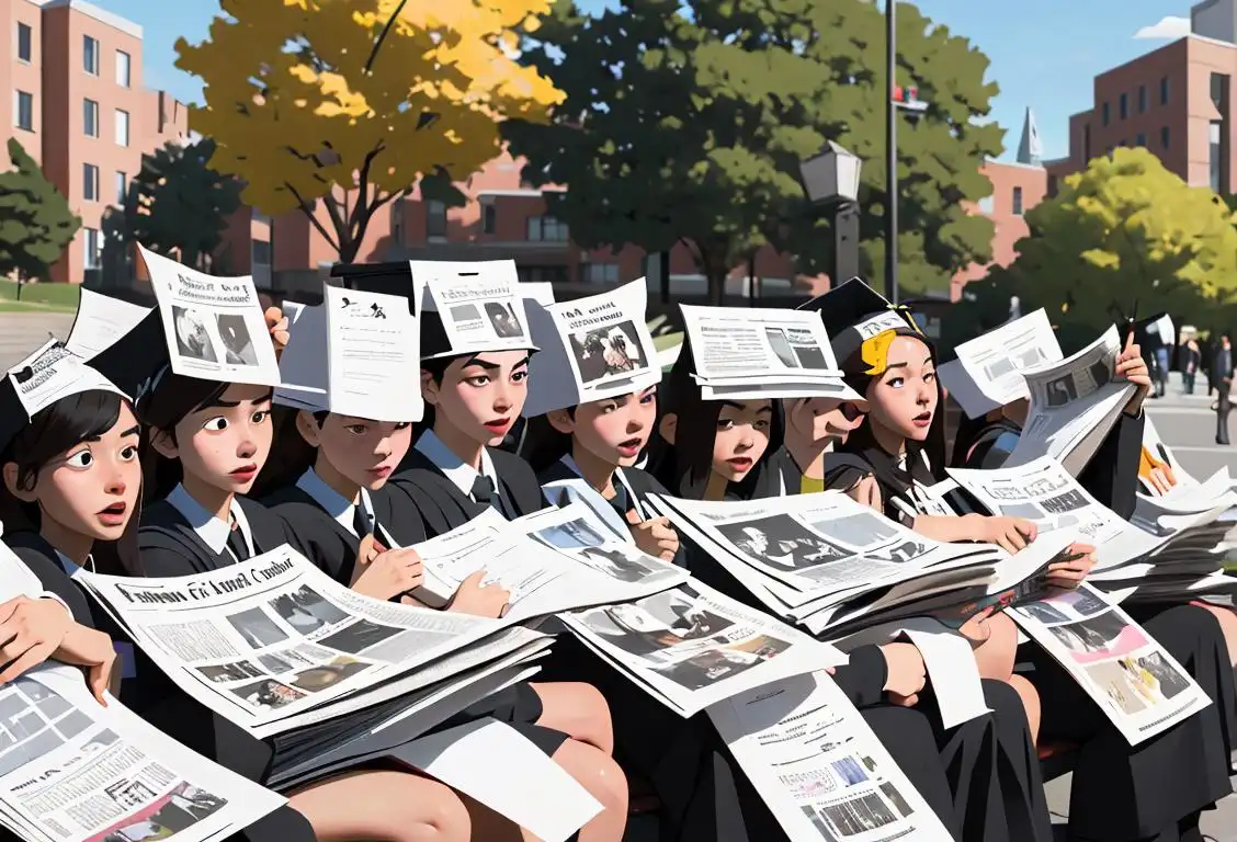 A group of diverse students holding newspapers, wearing graduation caps, surrounded by a bustling university campus scene..