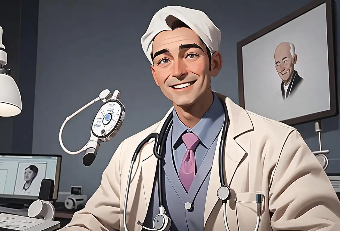 A smiling doctor in a white coat, stethoscope around the neck, surrounded by medical equipment and a peaceful hospital setting..