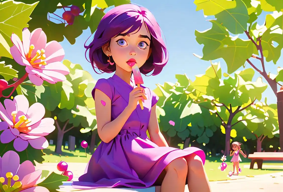 Young girl enjoying a grape popsicle in a sunny park, wearing a cute summer dress, surrounded by blooming flowers..