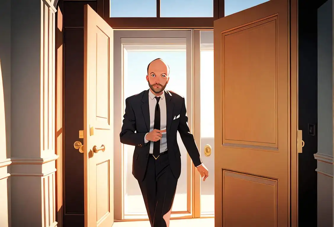 Person holding open a door for another person, wearing suit and tie, office building backdrop, sunny day..